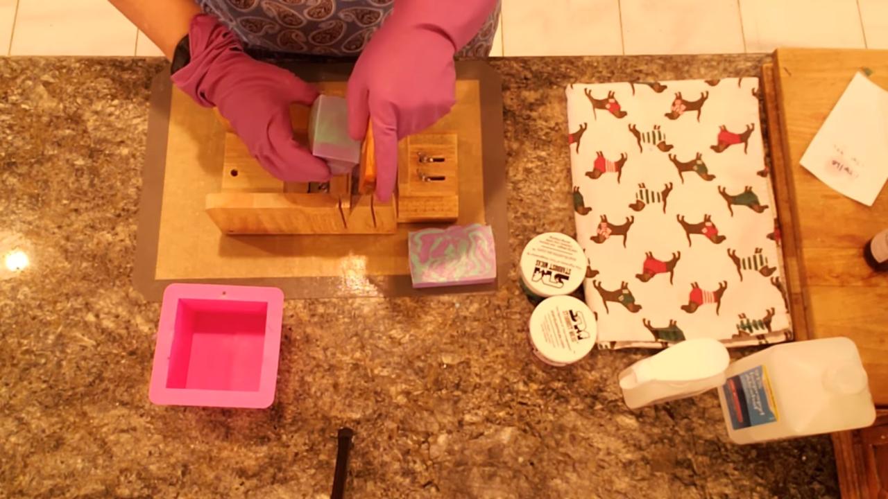 Cutting the marble swirl soap into bars