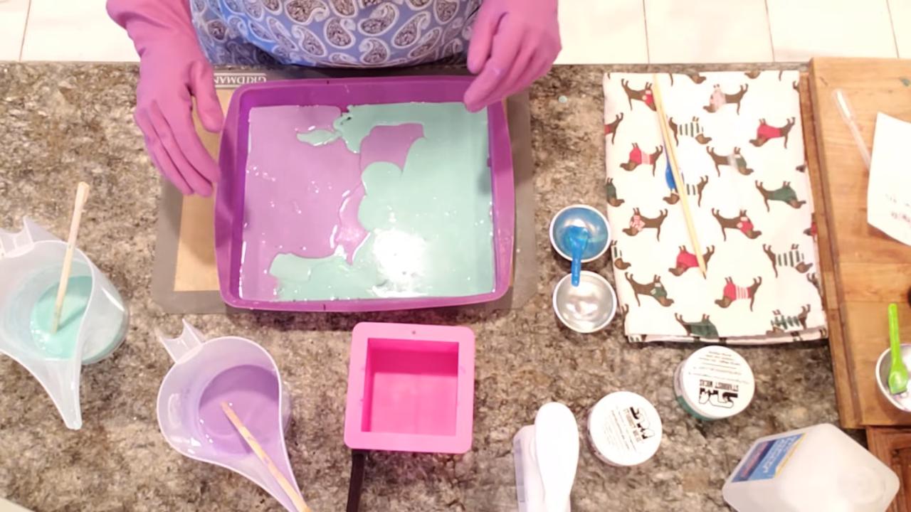 Purple, green and white layered soap slab