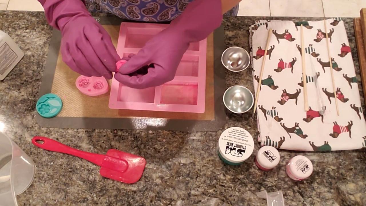 Pink rose and green leaf soap embeds
