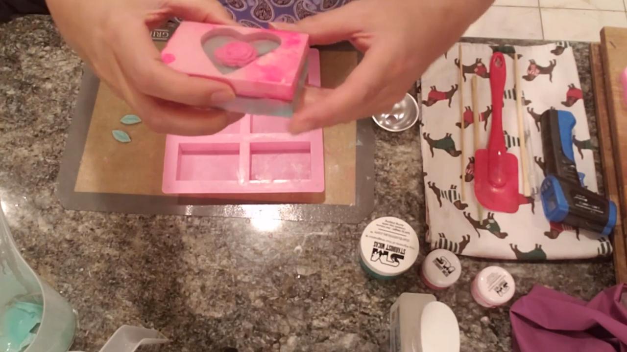 Unmolded Valentine rose soap with a heart window