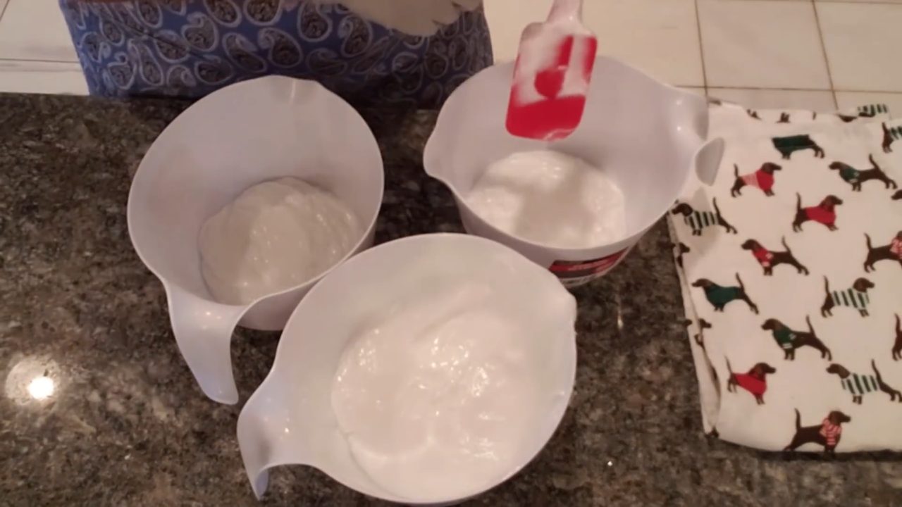 Whipped soap base divided into three mixing bowls