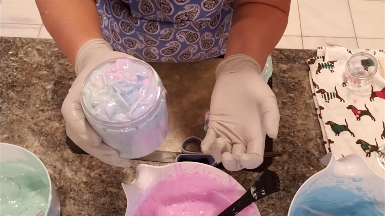 Finished jar of multicolor whipped soap
